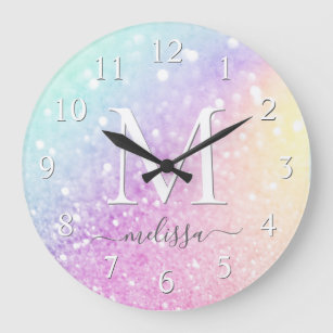 Glam Iridescent Glitter Personalized Colorful Large Clock