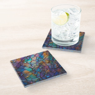 Glam Iridescent Opal Gemstone Stained Glass   Glass Coaster