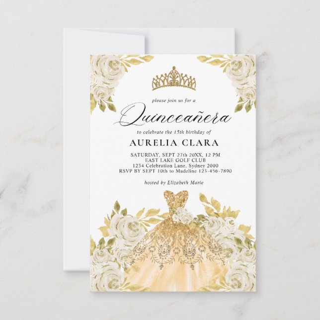Glam Ivory Gold Dress Floral 15th Quinceañera Card (Front)