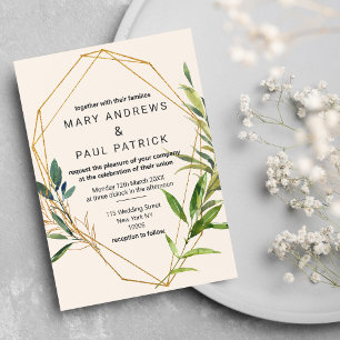 Glam Ivory Gold Glitter Foliage Terrarium Wedding  Invitation