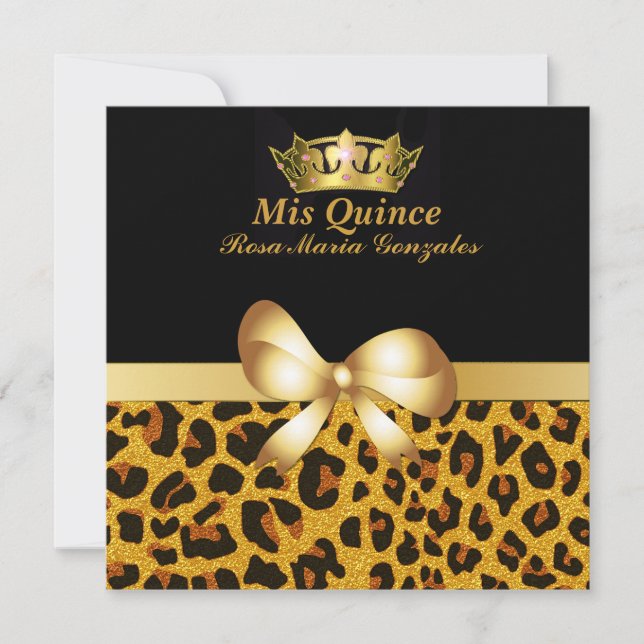 Glam Jaguar Print & Crown Quinceañera Invitation (Front)