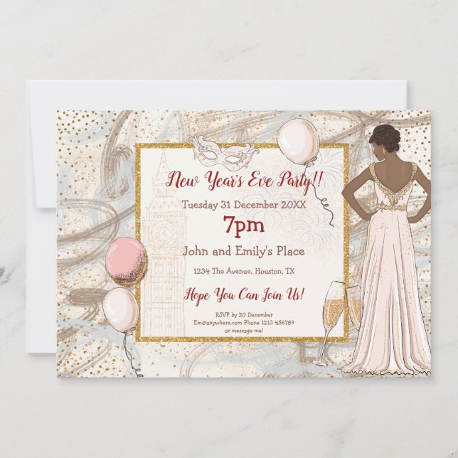 Glam Lady Gold Confetti Champagne New Year Party Invitation (Front)