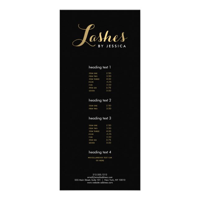 Glam Lashes Script Text Gold/Black Rack Card (Front)