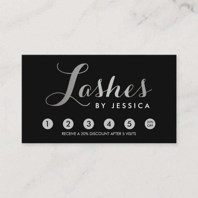 Glam Lashes Script Text Silver/Black Loyalty Card (Front)