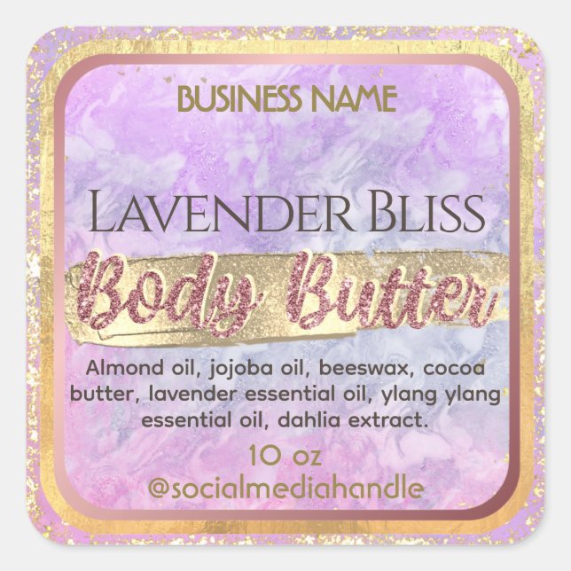 Glam Lavender Purple Marble Rose Gold Body Butter Square Sticker (Front)
