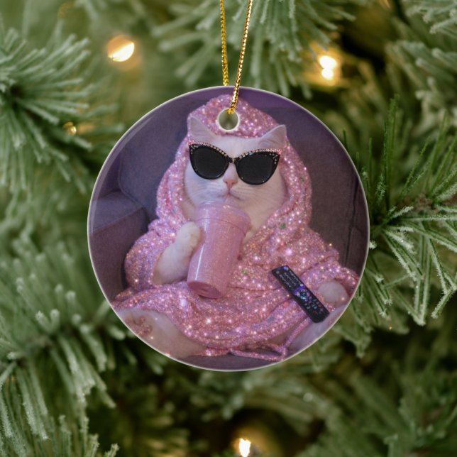    Glam Lazy Cat in Sunglasses with Sparkly Drink  Ceramic Tree Decoration (Tree)