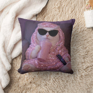    Glam Lazy Cat in Sunglasses with Sparkly Drink  Cushion