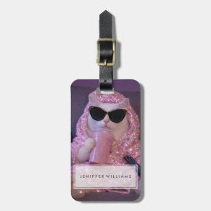 Glam Lazy Cat in Sunglasses with Sparkly Drink Luggage Tag