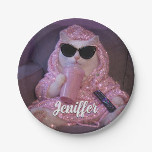 Glam Lazy Cat in Sunglasses with Sparkly Drink Paper Plate