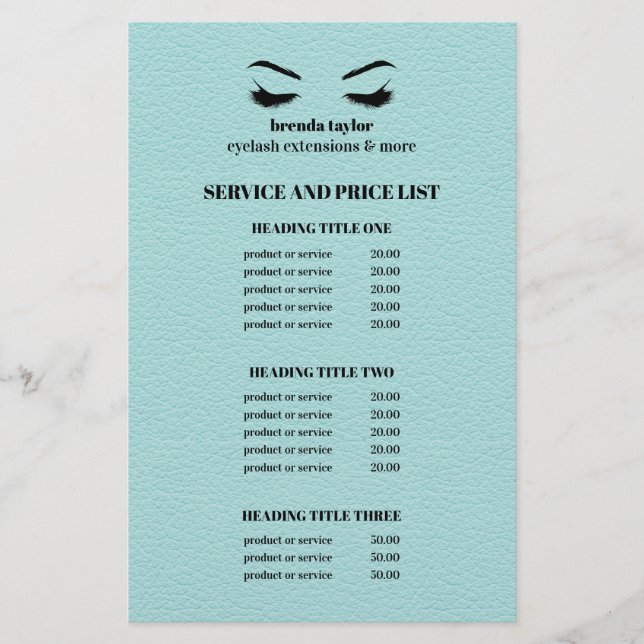 Glam LEATHER AQUA EYELASH SALON SERVICE LIST Flyer (Front)