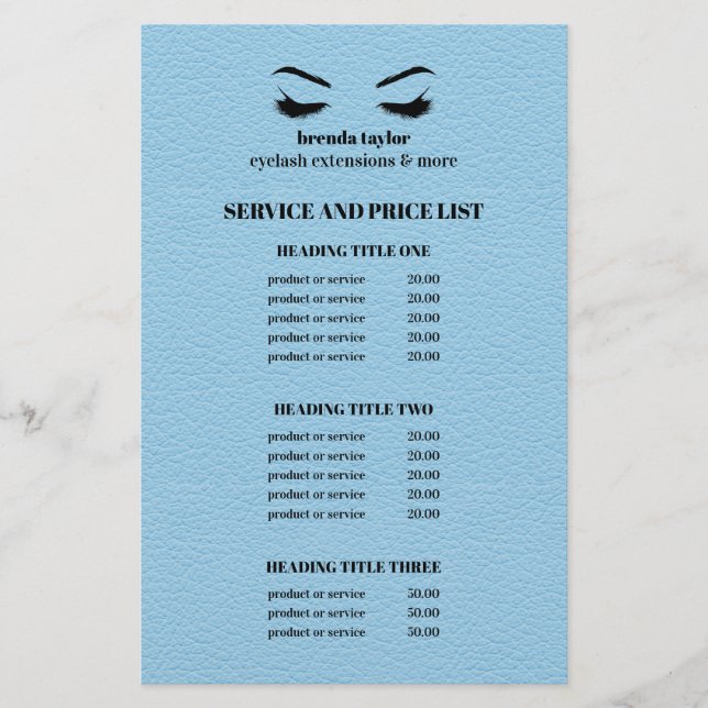 Glam LEATHER BLUE EYELASH SALON SERVICE LIST Flyer (Front)