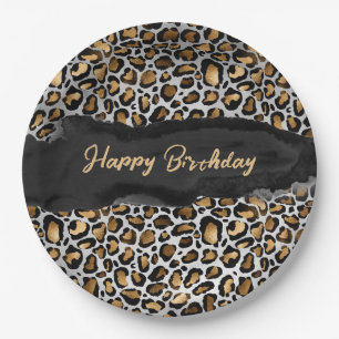Glam Leopard Happy Birthday Paper Plate