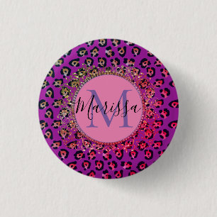 Glam Leopard Pink and Purple Monogram   3 Cm Round Badge
