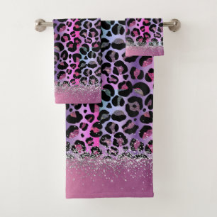 Glam Leopard Pink and Purple Monogram  Bath Towel Set