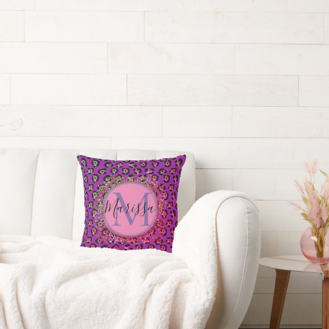 Glam Leopard Pink and Purple Monogram Cushion (Couch)