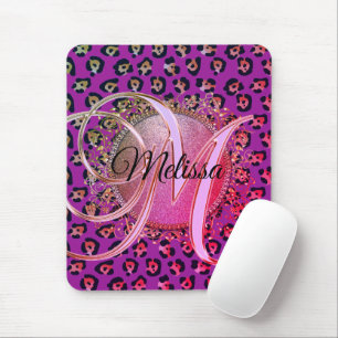 Glam Leopard Pink and Purple Monogram Mouse Mat