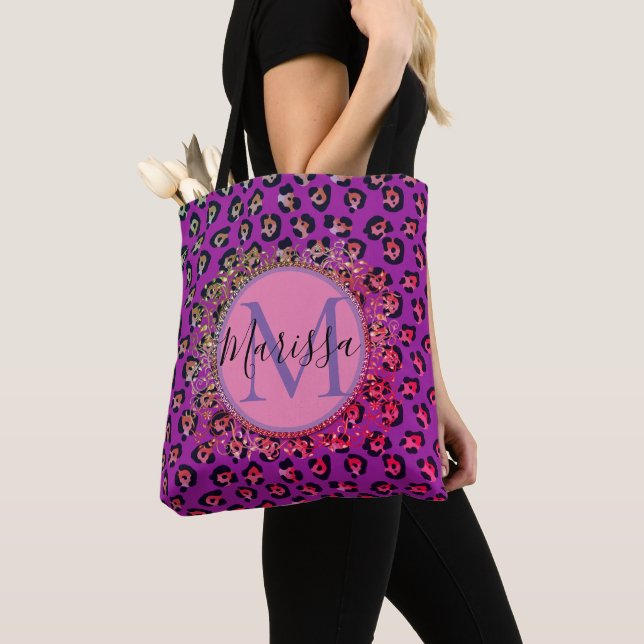 Glam Leopard Pink and Purple Monogram Personalised Tote Bag (Close Up)