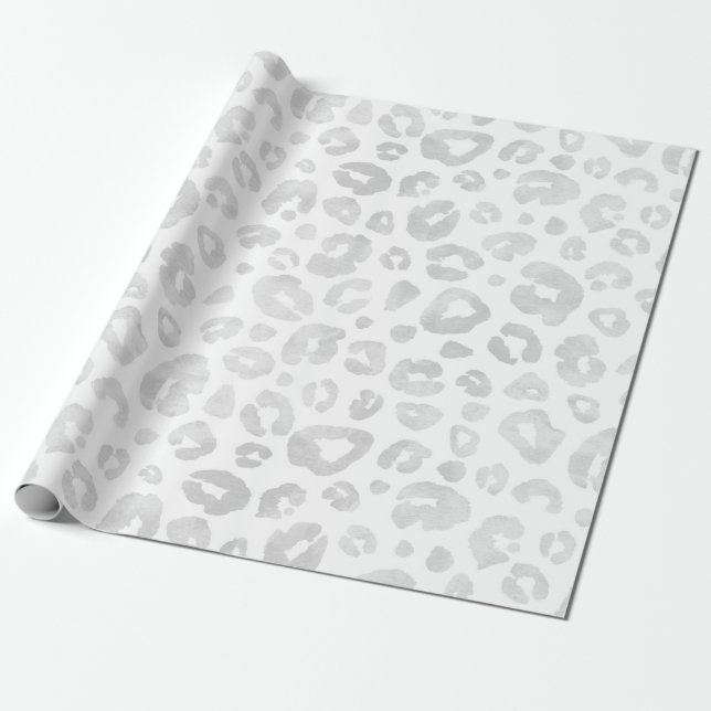 Glam Leopard Print Chic Trendy White Silver Wrapping Paper (Unrolled)
