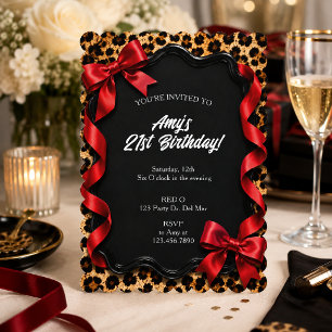 Glam Leopard Print Red Bow Birthday Invitation