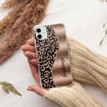 Glam Leopard Spots Rose Gold Black Metallic Name Case-Mate iPhone 14 Case<br><div class="desc">This design features a chic rose gold leopard spot pattern on a black background on the left, and a rose gold faux foil image on the right in the shape of a wave bordered with rose gold faux glitter. Personalise it with your name or monogram in a stylish black handwritten...</div>