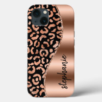 Glam Leopard Spots Rose Gold Black Metallic Name
