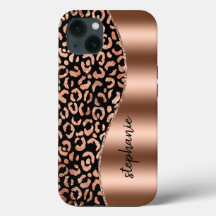 Glam Leopard Spots Rose Gold Black Metallic Name iPhone 13 Case