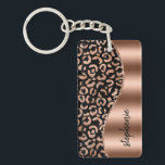 Glam Leopard Spots Rose Gold Black Metallic Name Key Ring<br><div class="desc">This design features a chic rose gold leopard spot pattern on a black background on the left, and a rose gold faux foil image on the right in the shape of a wave bordered with rose gold faux glitter. Personalise it with your name or monogram in a stylish black handwritten...</div>