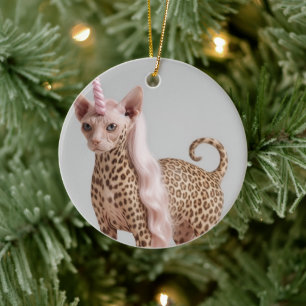 Glam Leopard Unicorn Cat in Pink Fur Heels Ceramic Tree Decoration