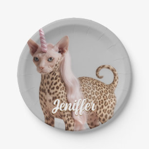 Glam Leopard Unicorn Cat in Pink Fur Heels         Paper Plate