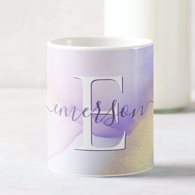 Glam Lilac Gold Abstract Paint Elegant Monogram Coffee Mug (Creator Uploaded)