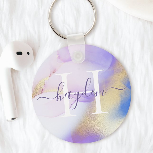 Glam Lilac Gold Abstract Paint Elegant Monogram Key Ring (Creator Uploaded)