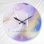 Glam Lilac Gold Abstract Paint Elegant Monogram Large Clock<br><div class="desc">Easily personalise this glamourous style abstract lilac watercolor paint and faux gold spray background with your custom details.</div>