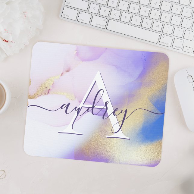 Glam Lilac Gold Abstract Paint Elegant Monogram Mouse Mat (Creator Uploaded)