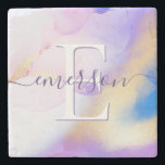 Glam Lilac Gold Abstract Paint Elegant Monogram Stone Coaster<br><div class="desc">Easily personalise this glamourous style abstract lilac watercolor paint and faux gold spray background with your custom details.</div>