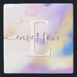 Glam Lilac Gold Abstract Paint Elegant Monogram Stone Coaster<br><div class="desc">Easily personalise this glamourous style abstract lilac watercolor paint and faux gold spray background with your custom details.</div>