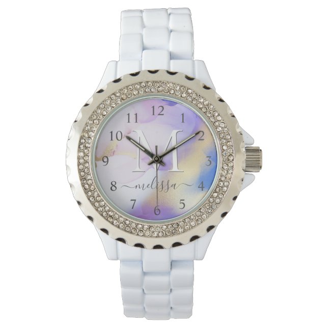 Glam Lilac Gold Abstract Paint Elegant Monogram Watch (Front)