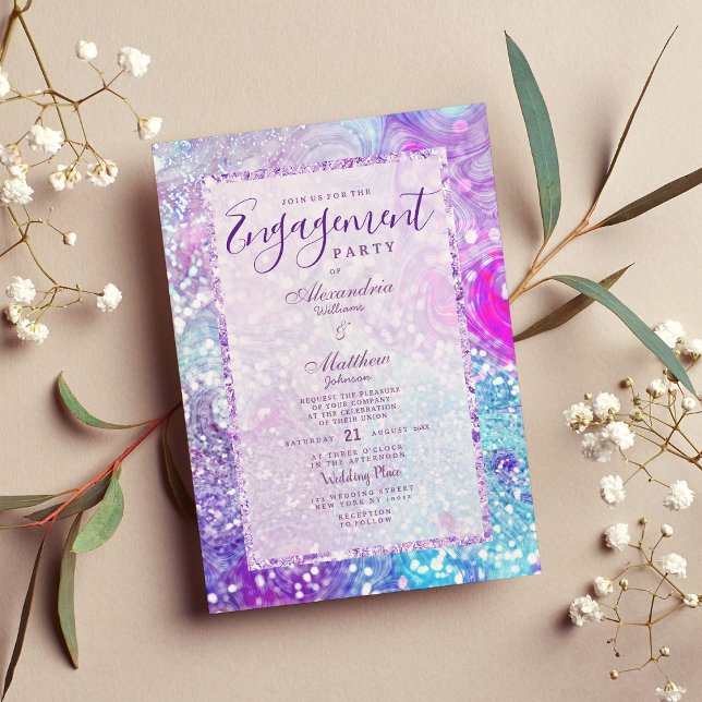 Glam lilac lavender teal marble glitter Engagement Invitation (Glam lilac lavender teal marble glitter Engagement Invitation )