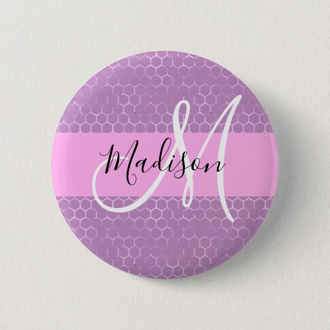 Glam Lilac Metallic Pink Honeycomb Monogram Name 6 Cm Round Badge (Front)
