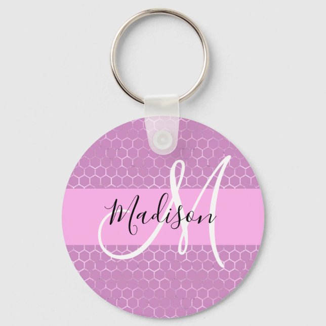 Glam Lilac Metallic Pink Honeycomb Monogram Name Key Ring (Front)