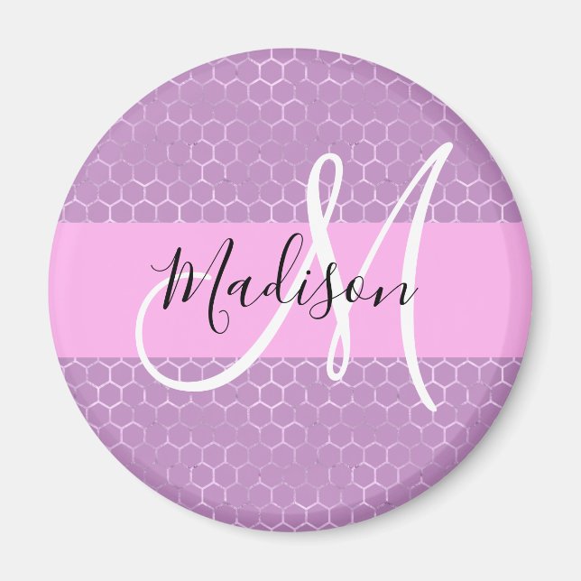 Glam Lilac Metallic Pink Honeycomb Monogram Name Magnet (Front)