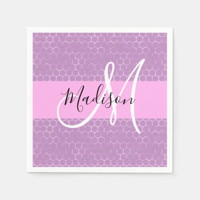 Glam Lilac Metallic Pink Honeycomb Monogram Name Napkin (Front)
