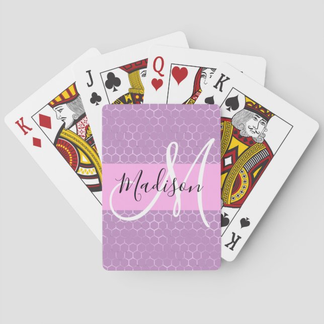 Glam Lilac Metallic Pink Honeycomb Monogram Name Playing Cards (Back)