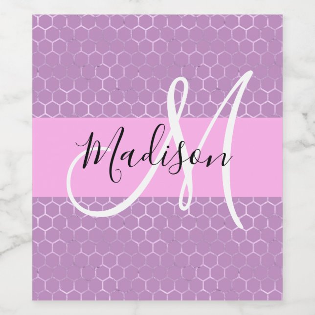 Glam Lilac Metallic Pink Honeycomb Monogram Name Wine Label (Single Label)