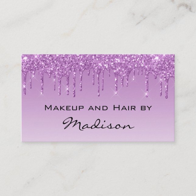 Glam Lilac Purple Glitter Drips Makeup Artist Business Card (Front)