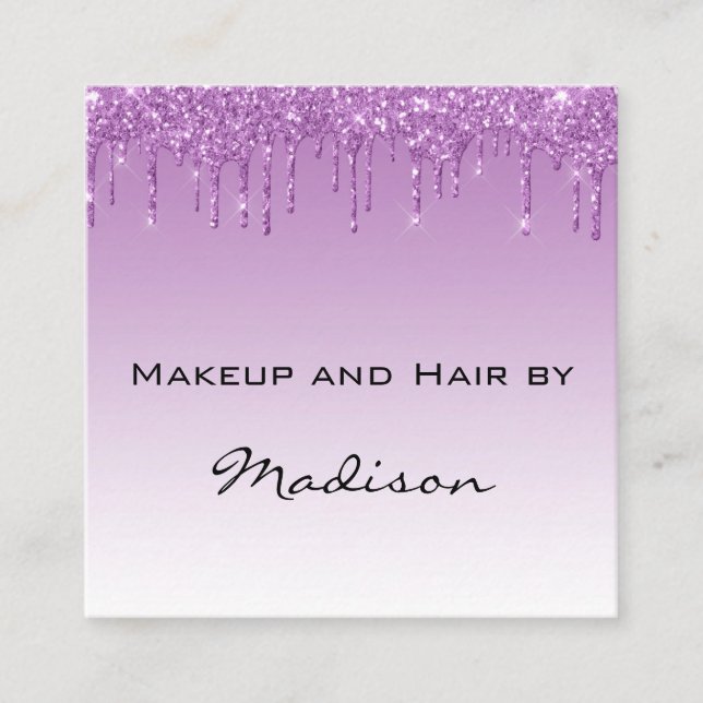 Glam Lilac Purple Glitter Drips Makeup Artist Square Business Card (Front)