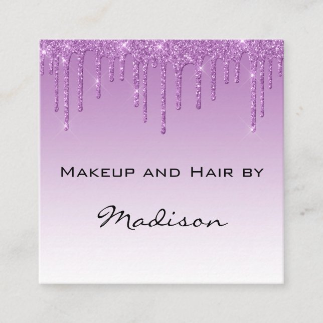 Glam Lilac Purple Glitter Drips Makeup Artist Square Business Card (Front)