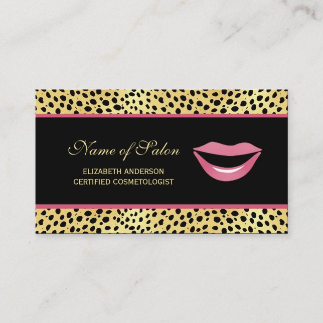 Glam Lips Black Gold Cheetah Print Cosmetologist Business Card (Front)