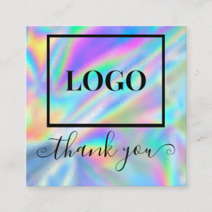 Glam Logo Faux Holographic Thank You Square Business Card