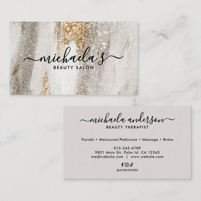 Glam Luxe Faux Gold Glitter Elegant Script Business Card (Front/Back)