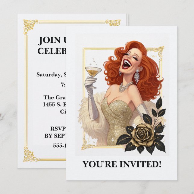 Glam Luxe Party Glamour Diva in Gold Personalise Invitation (Front/Back)